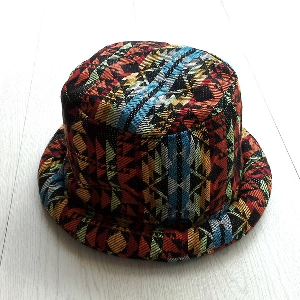 Navajo Southwestern hat, Hippie Bucket Hat for Men Women, Pork Pie Trilby hat, Handmade Tribal Aztec hat,  Unisex Hipster hat, Rolled brim