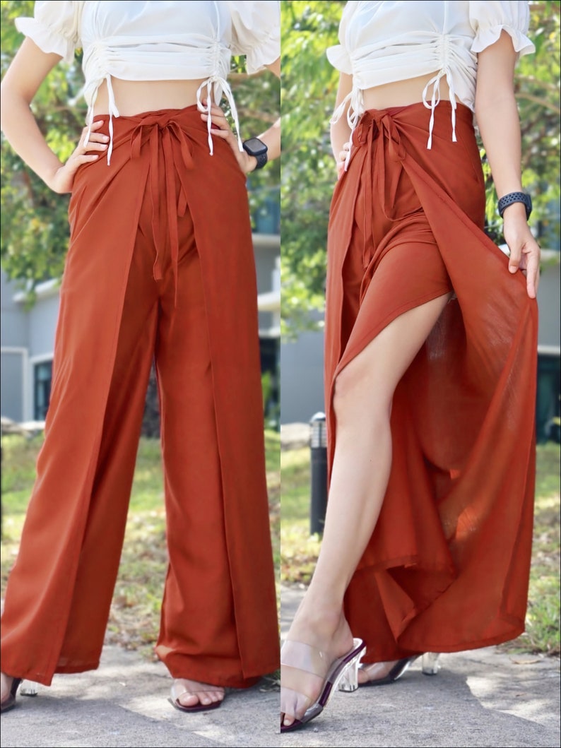 Solid Color Wrap Pants, Lightweight and Flowy Wrap Around Pants, Soft Fabric Palazzo Pants, Women's Boho Pants front and back ties Burnt Orange