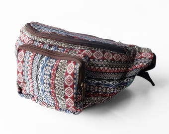 Red White and Blue Fanny Pack, Geometric Tribal Hip Bag, Boho Crossbody