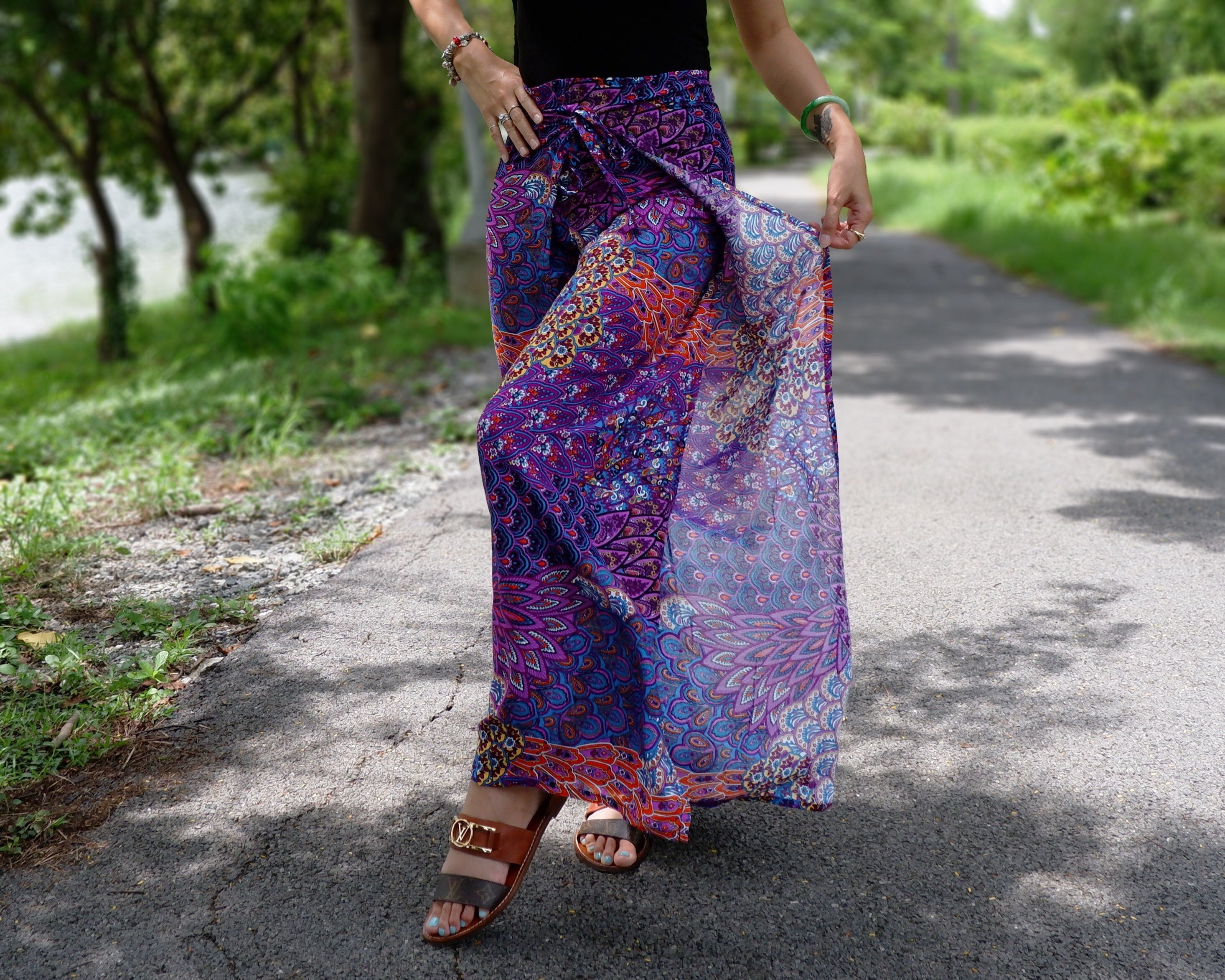 Boho Wrap Pants: Purple Floral Rayon Wide Leg Festival Trousers - Etsy
