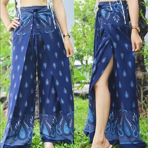 Women's Wrap Pants, Hippie Pants Floral Print, Petite to Plus Sizes Flowy Pants, Open Leg Trousers, Yoga Pants, Boho Beach Pants Navy Blue