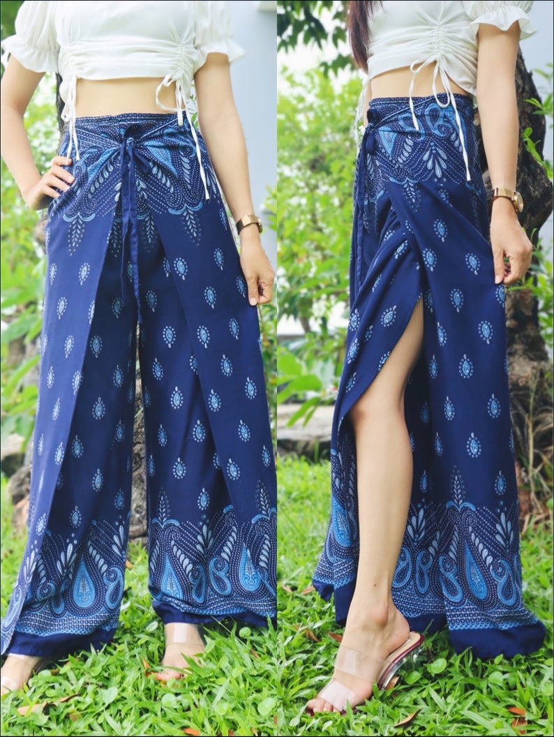 Pantalon portefeuille pour femme, pantalon hippie imprimé floral, pantalon fluide petites à grandes tailles, pantalon ouvert, pantalon de yoga, pantalon de plage bohème Navy Blue