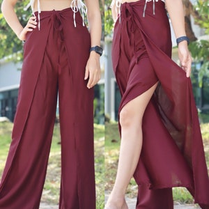 Einfarbige Wickelhose, leichte und fließende Wickelhose, Palazzohose aus weichem Stoff, Boho-Hose für Damen vorne und hinten gebunden Red Maroon