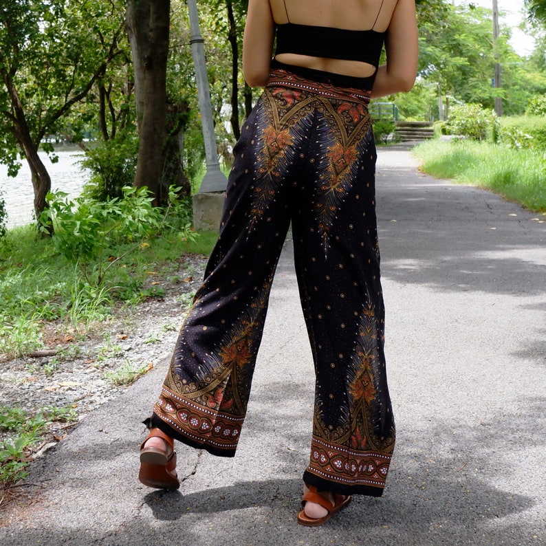 Boho Pants Peacock Feathers Print Navy Blue, Open Flow Beach Pants, Comfy Wrap Pants, Festival Pants, Hippie Pants, Open Legs Trousers image 5