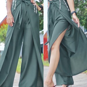 Einfarbige Wickelhose, leichte und fließende Wickelhose, Palazzohose aus weichem Stoff, Boho-Hose für Damen vorne und hinten gebunden Slate Grey