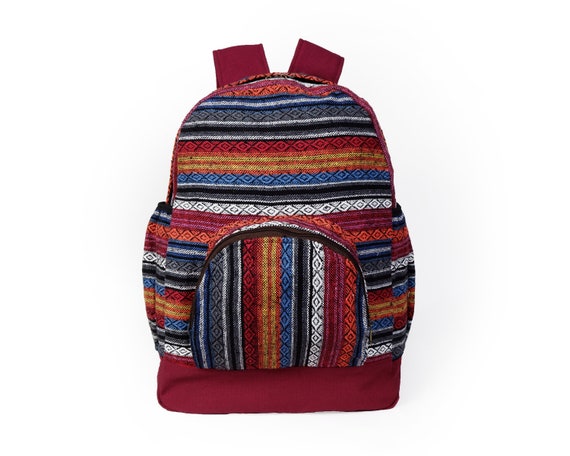 Vintage Artesian Black Red Wool Blend Tribal Boho Woven Backpack with Drawstring 90s Tribal Aztec Print Cloth Backpack in Red Black and White  main image 3