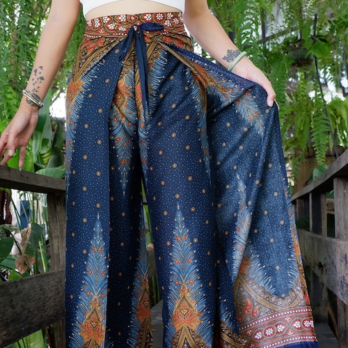 Pantalon bohème à imprimé plumes de paon : pantalon portefeuille en rayonne bleu marine