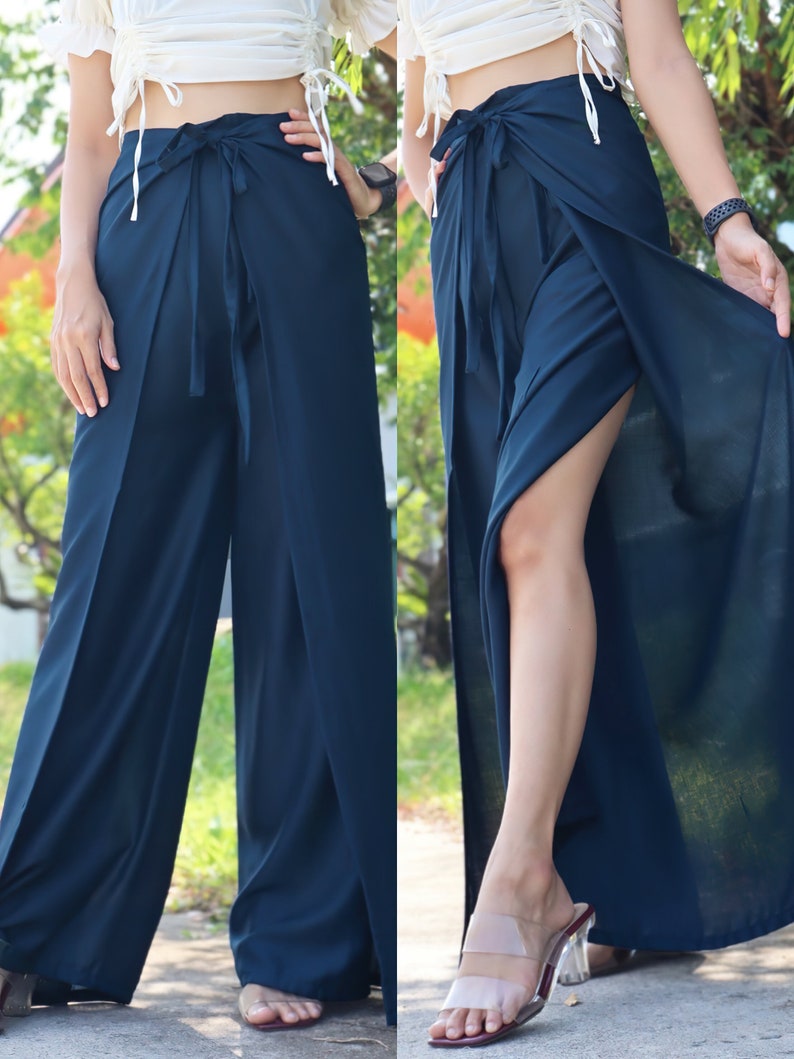 Solid Color Wrap Pants, Lightweight and Flowy Wrap Around Pants, Soft Fabric Palazzo Pants, Women's Boho Pants front and back ties Navy Blue