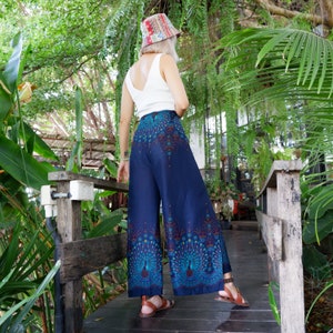 Boho Palazzo Pants Peacock Print Navy Blue, Open Legs Trousers, Flowy Beach Pants, Comfy Wrap Pants, Festival Pants, Hippie Dance Pants image 3