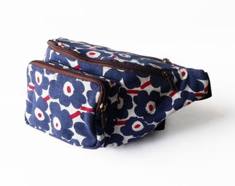 Modern Floral Bum Bag in Navy, Red & White, Cheerful Travel Waist Pack