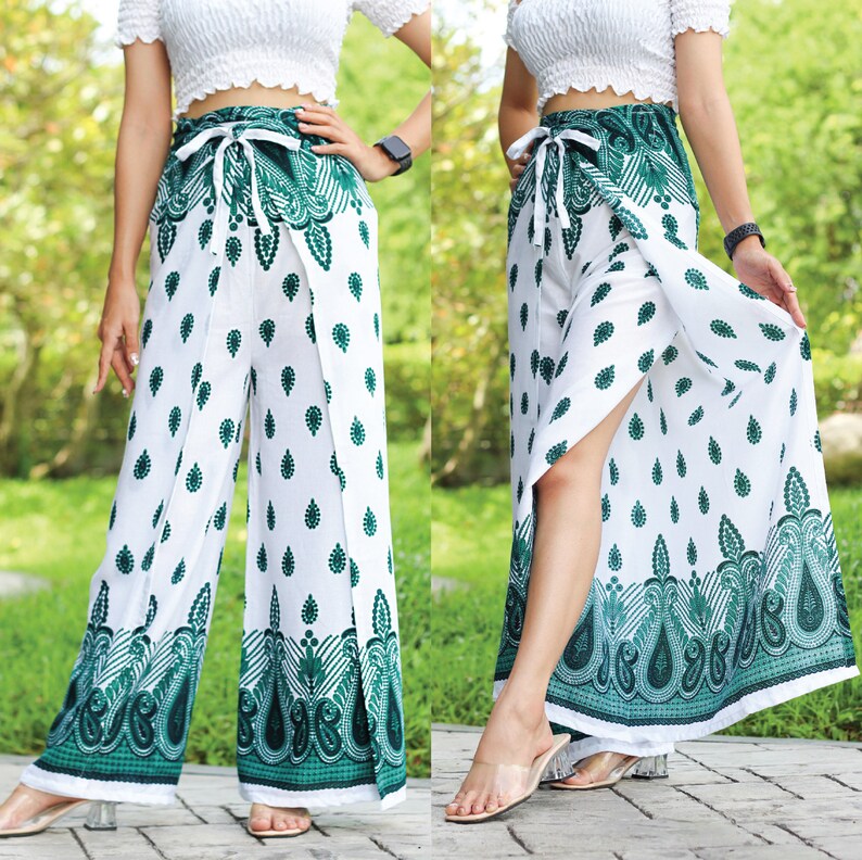 Women's Wrap Pants, Hippie Pants Floral Print, Petite to Plus Sizes Flowy Pants, Open Leg Trousers, Yoga Pants, Boho Beach Pants White Green