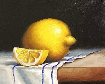 Original still life Oil painting, Lemon on cloth, contemporary framed art  by Jane Palmer Art realism artwork