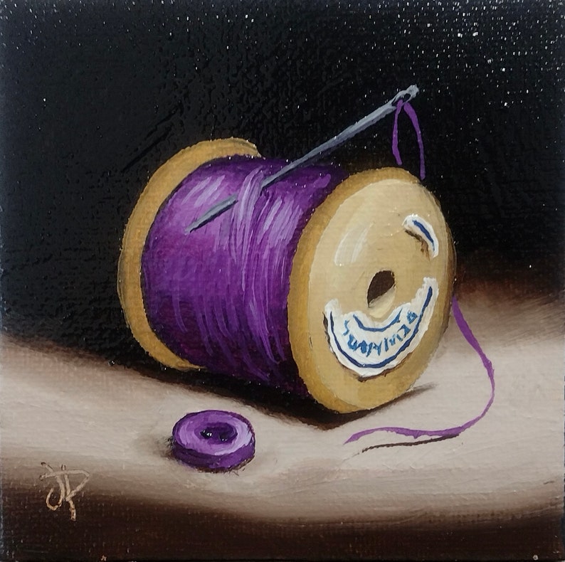 Little Needle and thread Purple cotton reel Original still life Oil Painting, by Jane Palmer Art Framed contemporary Realism artwork image 1