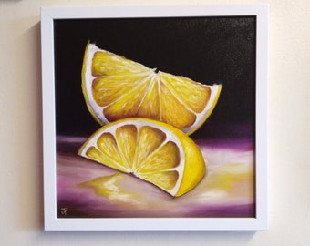 Big lemon slices original Still life oil painting, framed contemporary realism fruit art by jane palmer