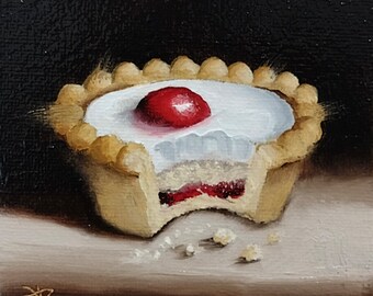 Little cherry Bakewell Tart Original still life  Oil Painting, by Jane Palmer Art Framed contemporary Realism artwork