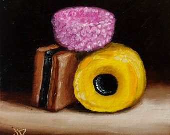 Little Liquorice Allsorts #4 Original still life Oil Painting, by Jane Palmer Art Framed contemporary Realism artwork candy sweets