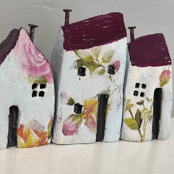 Miniature houses set of three floral pattern decoupage clay sculpture ornaments