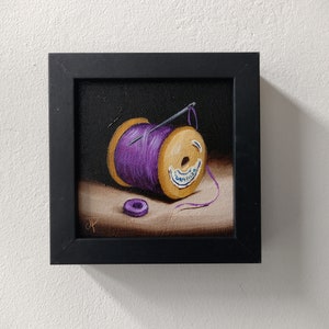 Little Needle and thread Purple cotton reel Original still life Oil Painting, by Jane Palmer Art Framed contemporary Realism artwork image 6