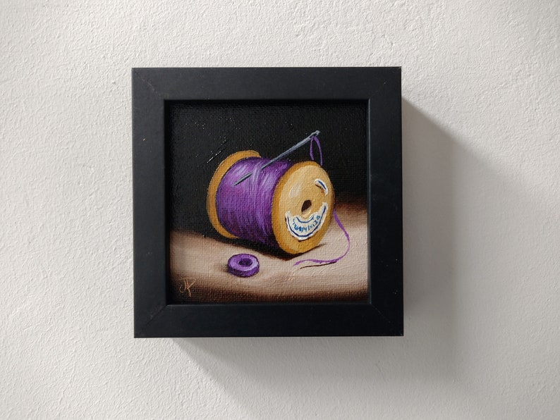 Little Needle and thread Purple cotton reel Original still life Oil Painting, by Jane Palmer Art Framed contemporary Realism artwork image 6