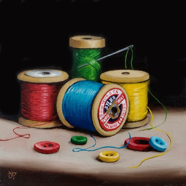 Original still life Oil Painting, cotton reels needle and thread with buttons by Jane Palmer art, framed contemporary artwork realism,