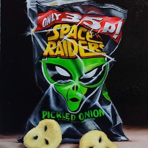 Space Raiders Original still life Oil Painting by Jane Palmer art realism artwork corn snack crisps
