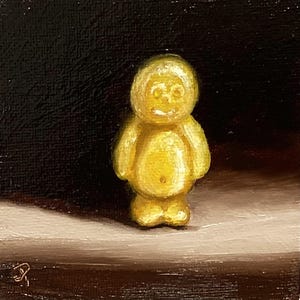 Little yellow jelly baby Original still life Oil Painting, by Jane Palmer Art Framed contemporary Realism artwork candy sweets