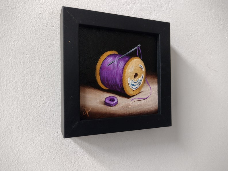 Little Needle and thread Purple cotton reel Original still life Oil Painting, by Jane Palmer Art Framed contemporary Realism artwork image 8