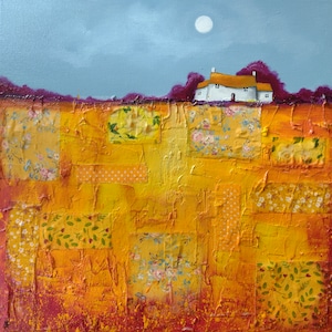 May include: A painting depicting a white house with a red roof situated in a field of yellow and orange patchwork. The sky is blue with a white moon.
