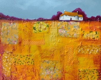 Houses on golden yellow patchwork field, Original acrylic textured mixed media collage painting by Jane Palmer Art