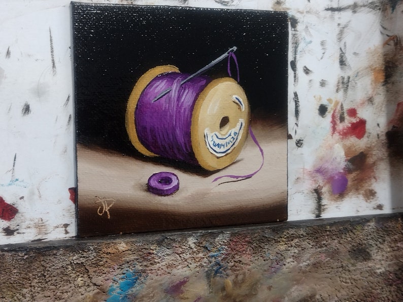 Little Needle and thread Purple cotton reel Original still life Oil Painting, by Jane Palmer Art Framed contemporary Realism artwork image 2