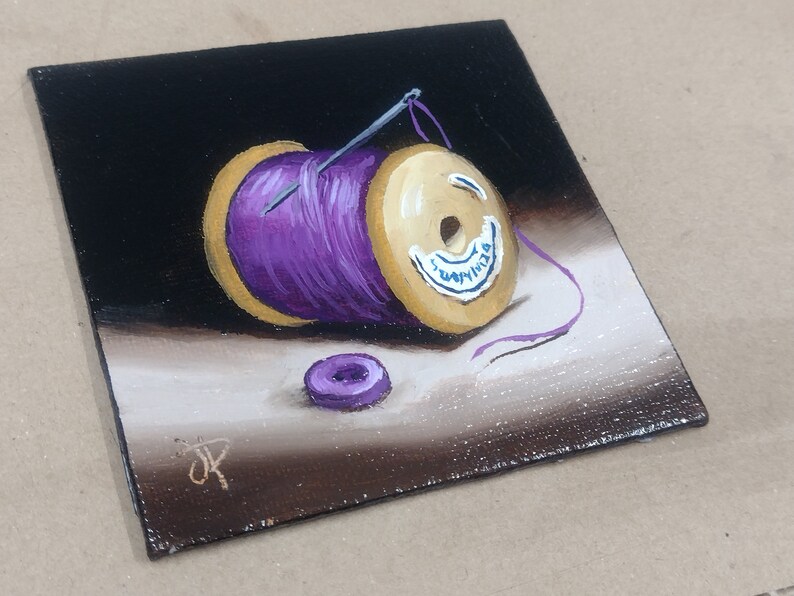 Little Needle and thread Purple cotton reel Original still life Oil Painting, by Jane Palmer Art Framed contemporary Realism artwork painting Only