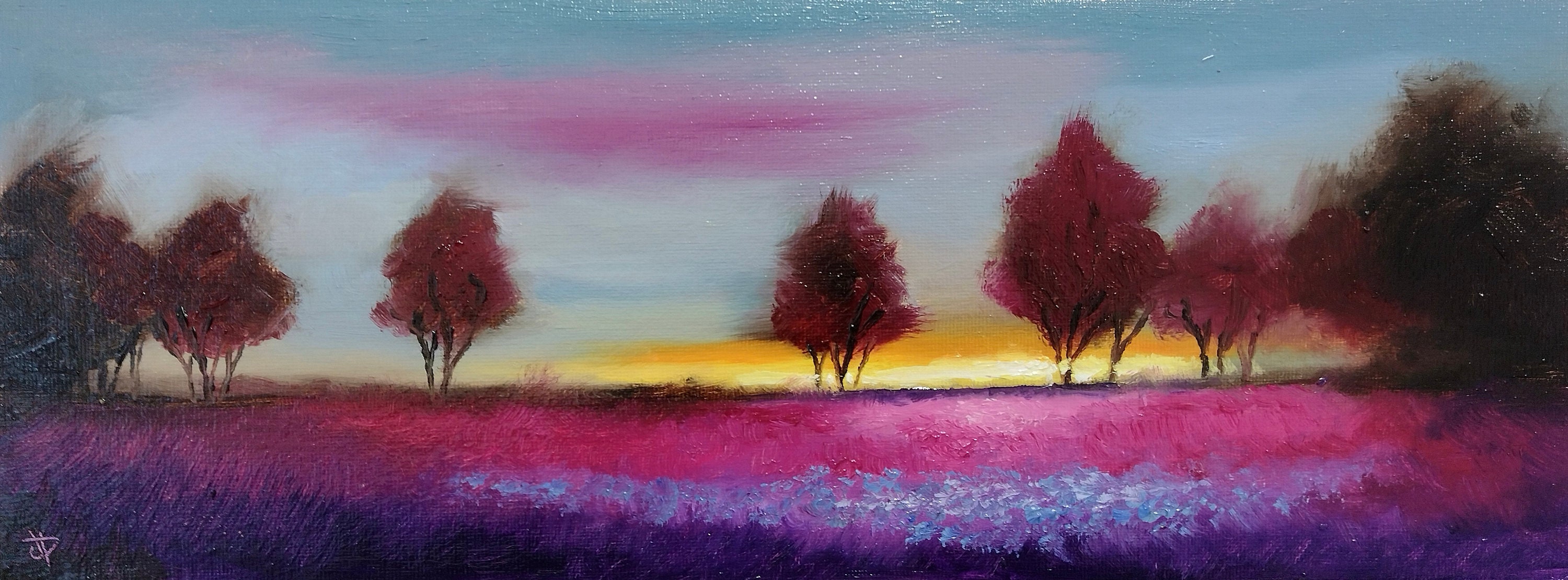 Original oil painting, magenta sunset trees, Welsh landscape tonal impressionist painting
