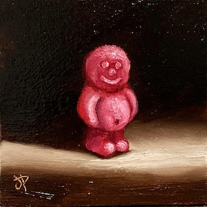 Little red jelly baby Original still life Oil Painting, by Jane Palmer Art Framed contemporary Realism artwork candy sweets