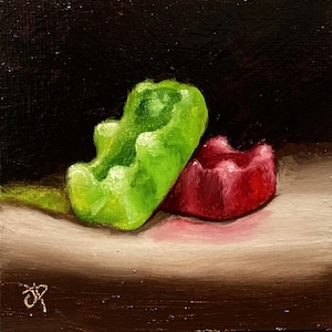 Little Gummy Bears Original still life Oil Painting, by Jane Palmer Art Framed contemporary Realism artwork candy sweets