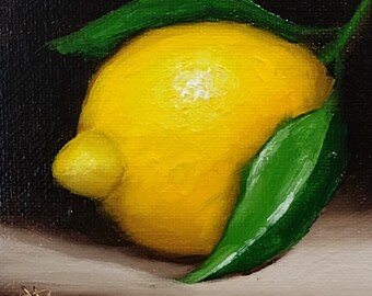 Little leafy Lemon Original still life  Oil Painting, by Jane Palmer Art Framed contemporary Realism artwork
