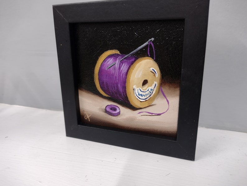 Little Needle and thread Purple cotton reel Original still life Oil Painting, by Jane Palmer Art Framed contemporary Realism artwork image 7