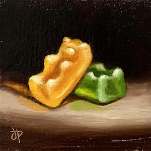 Little Gummy Bears #3 Original still life Oil Painting, by Jane Palmer Art Framed contemporary Realism artwork candy sweets