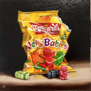 Jelly babies original Still life oil painting, framed contemporary realism art by Jane Palmer Art