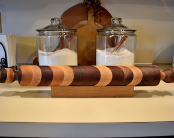 Handmade multi wood 22 1/4&quot; long 2 1/2&quot; diameter rolling pin with stand