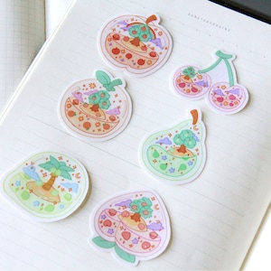 Animal Crossing Glass Fruit 2x2. Sticker Set- Pomme, Cerise, Orange, Poire, Noix de coco, & Peach