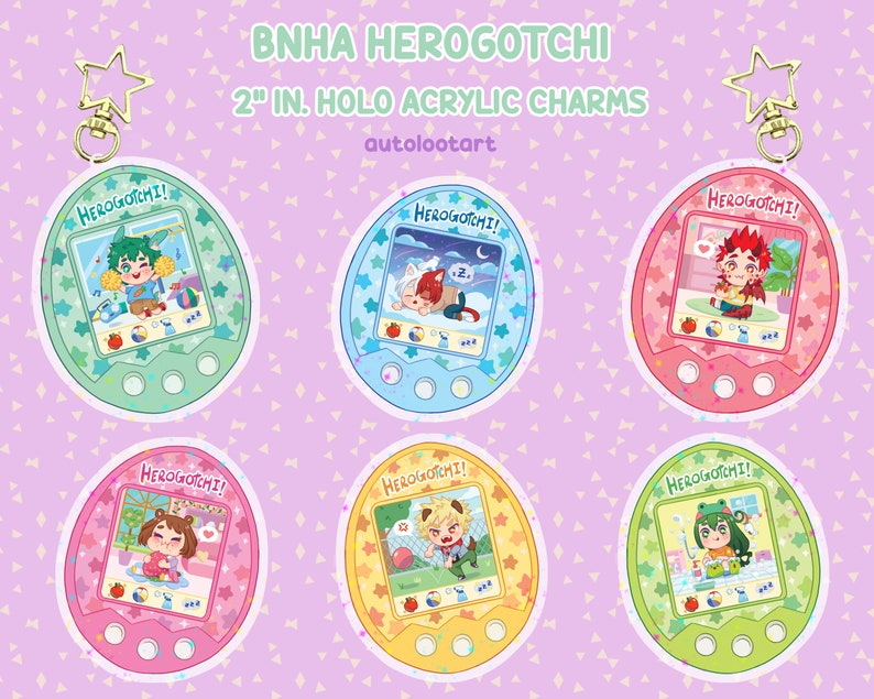 BNHA Herogotchi Holo Sparkly Acrylic Charms: Deku/ Bakugou/ Kirishima/ Todoroki/ Uraraka/ Tsuyu 