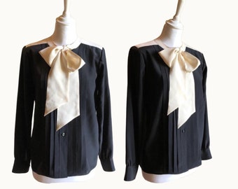 Size S | SAINT LAURENT - 80s Rive Gauche Bow Silk Shirt