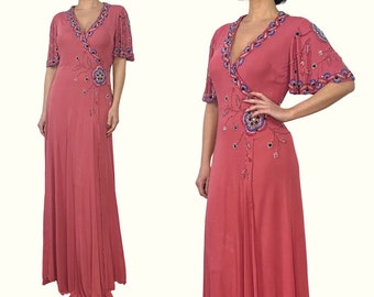 S | 30s Embroidered Silk Jersey Long Dress