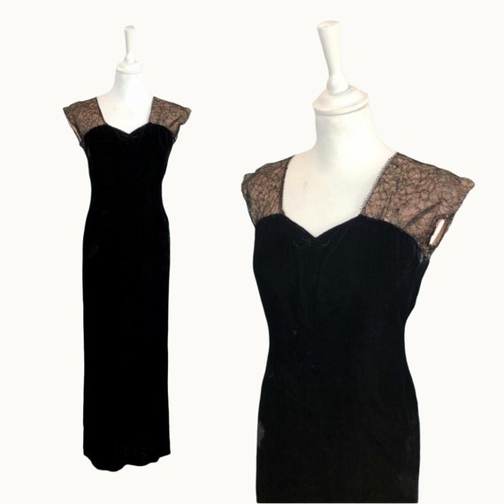 Size M | 20s/30s Lace and Silk Velvet Long Dress - image 1