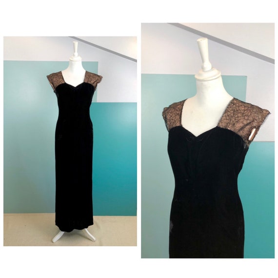 20s/30s Lace and Silk Velvet Long Dress - Size M