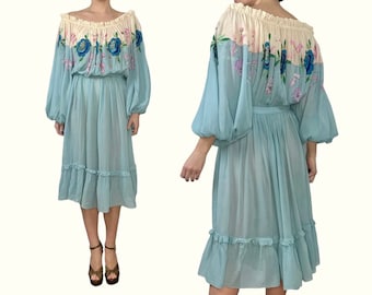 S/M | 70s Hand Embroidered Silk Chiffon Dress