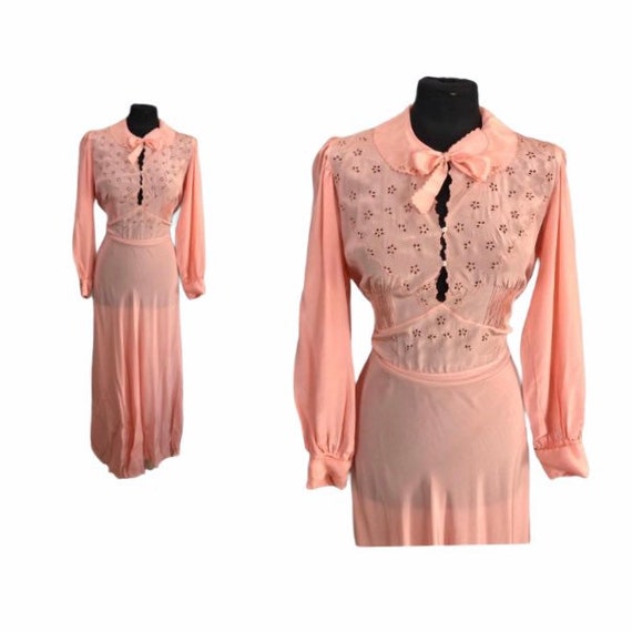 30s/40s Collared Long Silk Nightgown - Size M