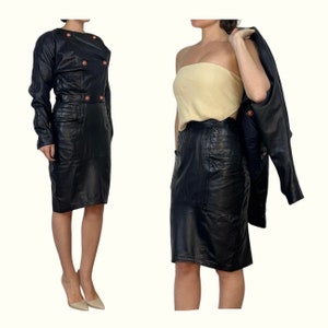 GIANNI VERSACE 80s Blue Leather Skirt Suit image 1