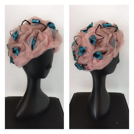 60s Tulle Turban Style Hat - 60s Pink Tulle Cap