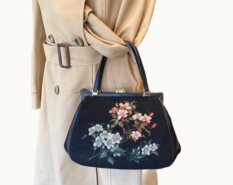 50s Embroidered Leather and Wool Handbag